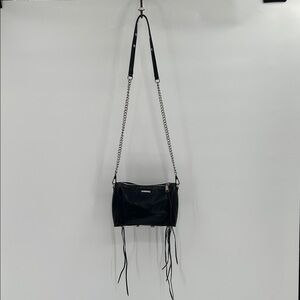 Rebecca Minkoff Black Leather Fringe Crossbody Bag With Silver Chain Strap
